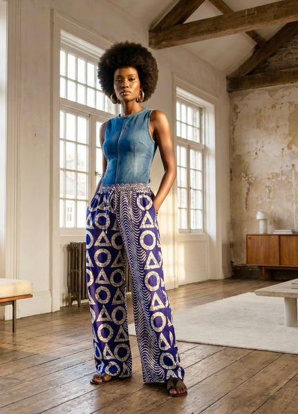 New. Ndini Wide leg one of a kind geometric blue and white African print pants.
