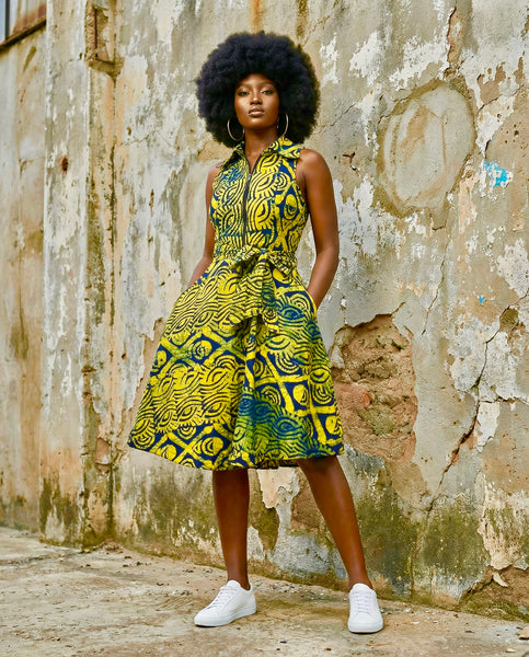 Shali collared sleeveless dress in a hand made tye and dye fabric.