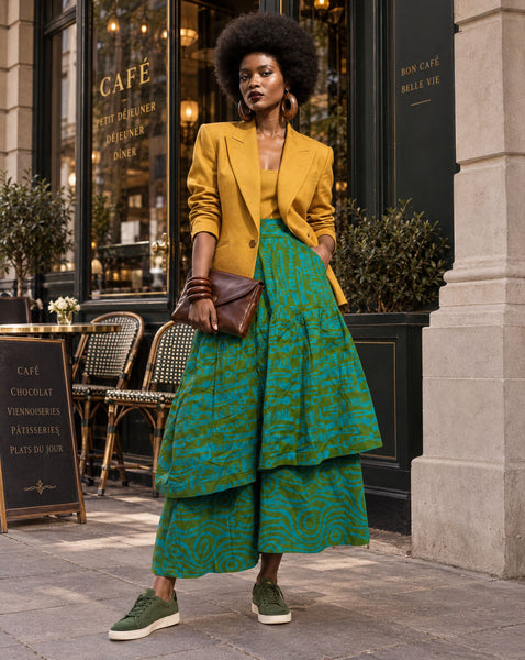 Azichi tiered skirt in green in a hand dyed fabric.