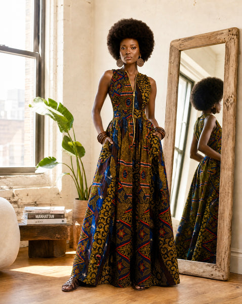 Lola African print patchwork summer sleeveless maxi dress in earthy hues.