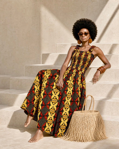 Fit and flare maxi dress in a vibrant contemporary African print.