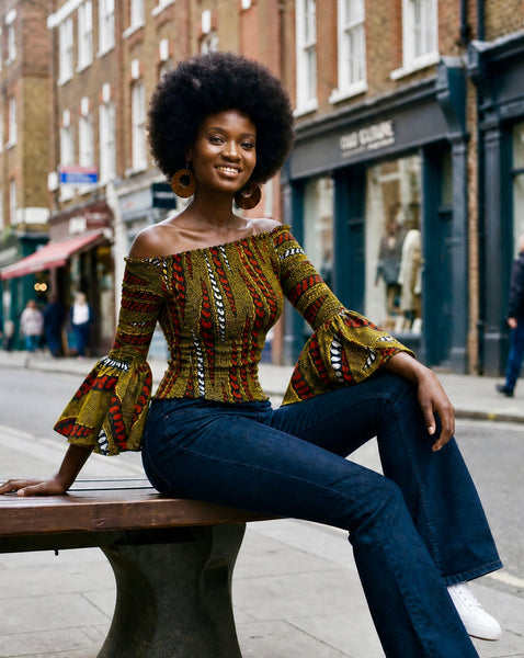 African print statement bell sleeves top.