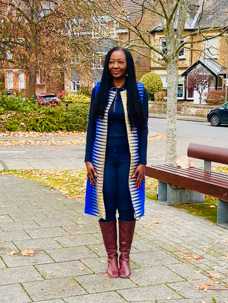 Nura longline waistcoat in A geometric African print.