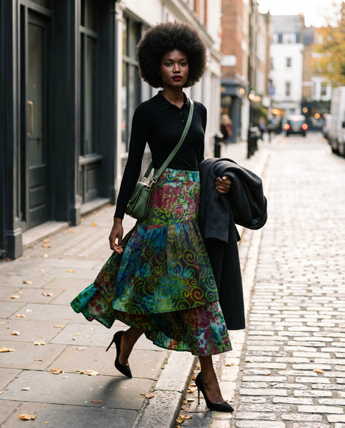 Azichi tiered skirt in a hand dyed fabric in a multicoloured palette.