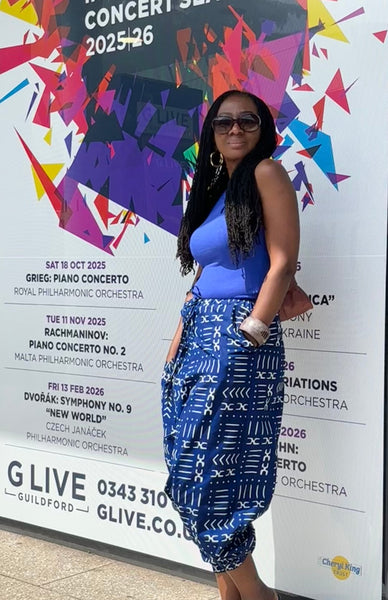 Harem pants in a geometric blue and white African print.