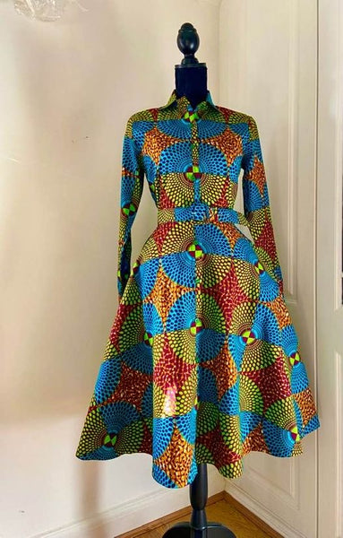 Long sleeve collared shirt dress in contemporary geometric African print