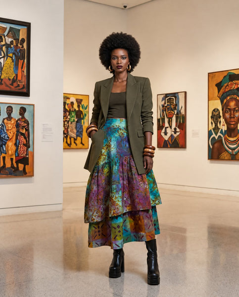 Azichi tiered skirt in a hand dyed fabric in a multicoloured palette.