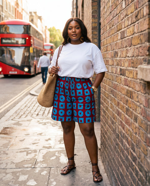 Wide leg shorts in a contemporary geometric African print in turquoise and wine.