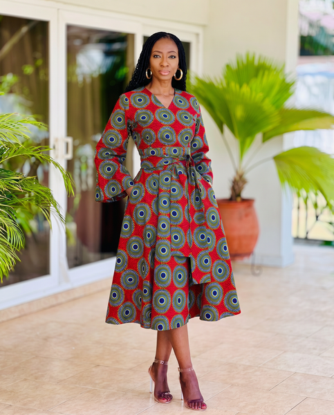 Mina Flared sleeve belted dress in a geometric print.