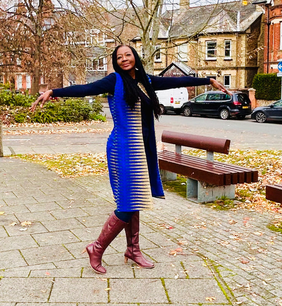 Nura longline waistcoat in A geometric African print.