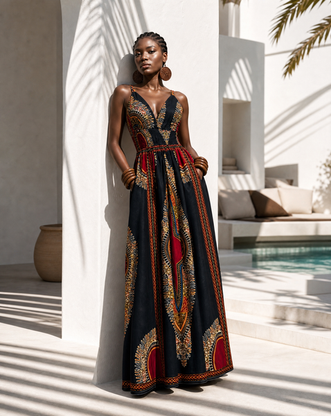 Black dashiki sleeveless maxi dress with double straps.