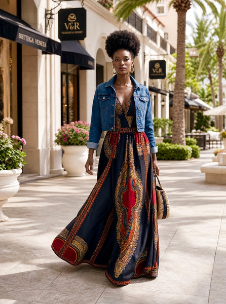 Black dashiki sleeveless maxi dress with double straps.