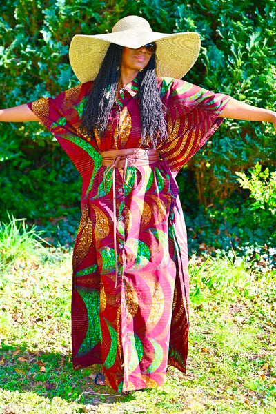 Button down Boubu in a deep brown with dashes of green.