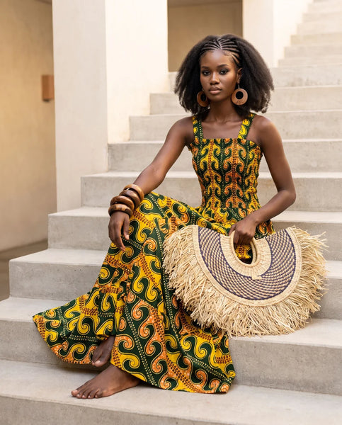 Adina smocked fit and flare maxi dress.