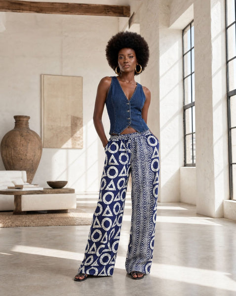 New. Ndini Wide leg one of a kind geometric blue and white African print pants.