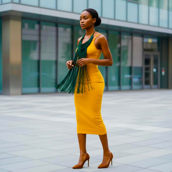 Dark green statement leather necklace.