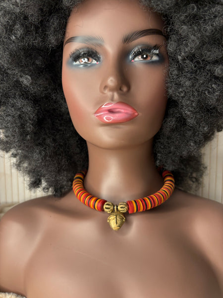 Yuya multicoloured choker with an African bronze mask pendant.