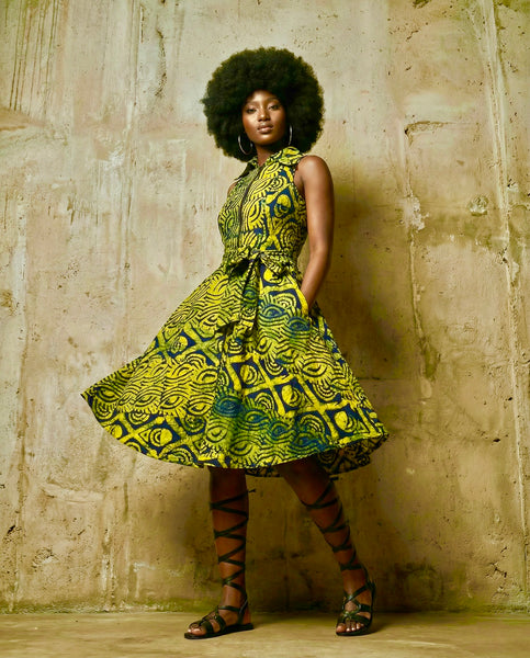 Shali collared sleeveless dress in a hand made tye and dye fabric.