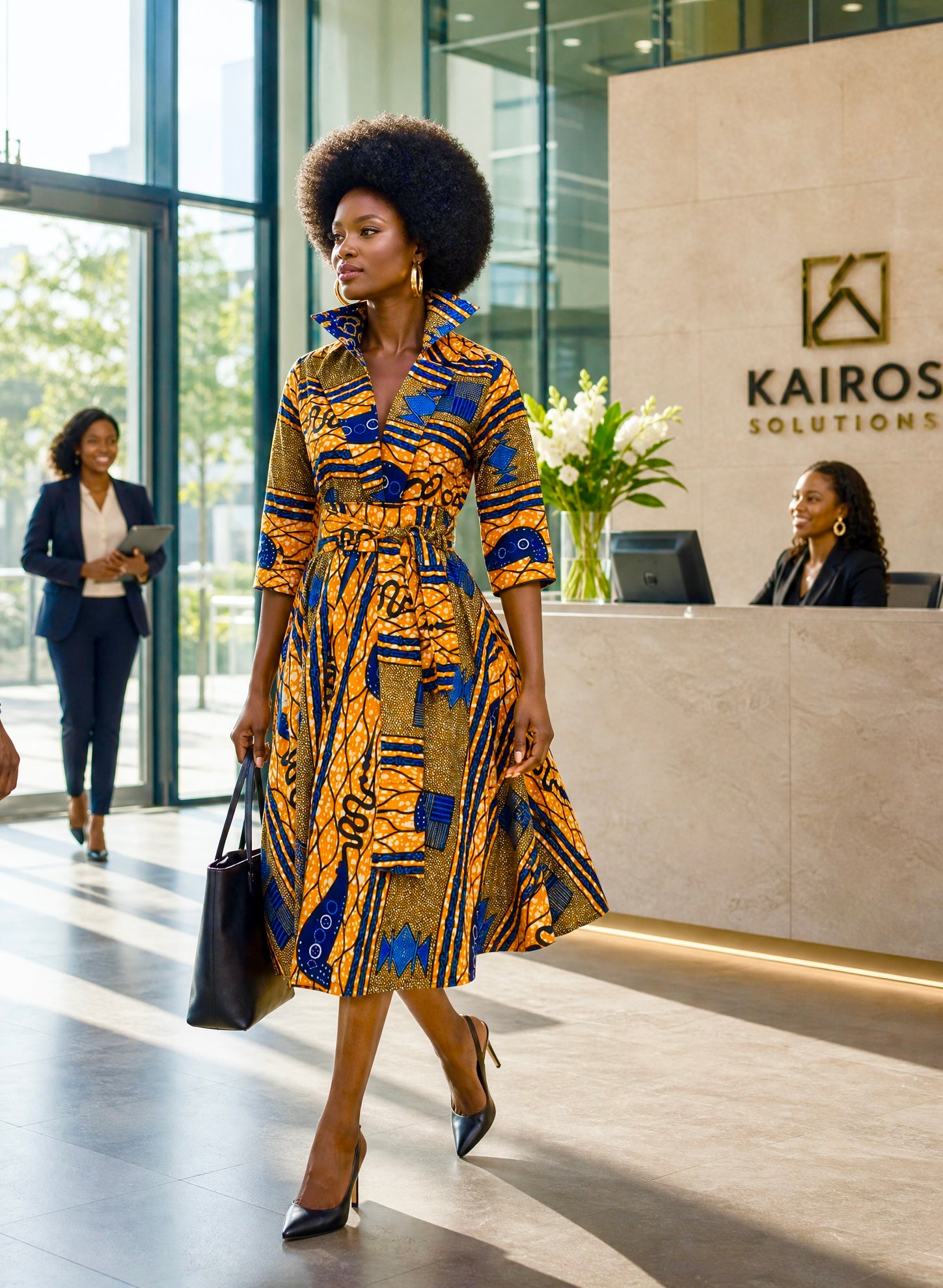 Kayla 50’s shirt style dress in a bold contemporary geometric African print.