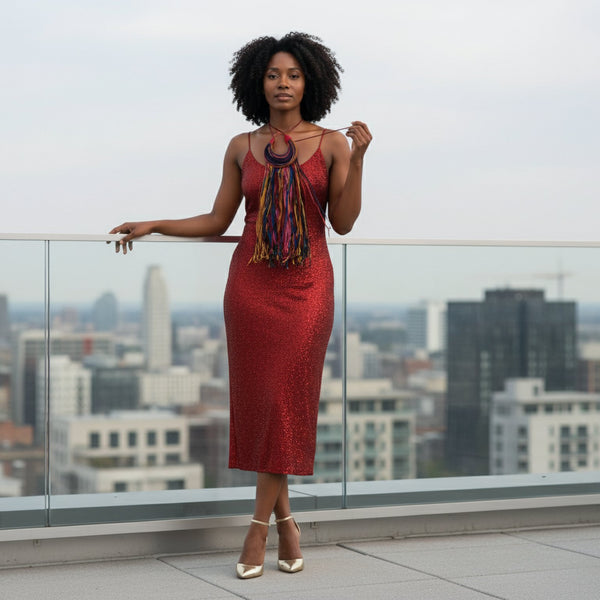 Multicoloured long fringe leather statement.