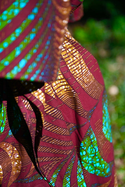 Button down Boubu in a deep brown with dashes of green.