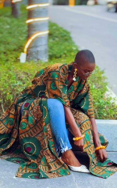 Rohe freesize kimono in a green floral vintage African print.