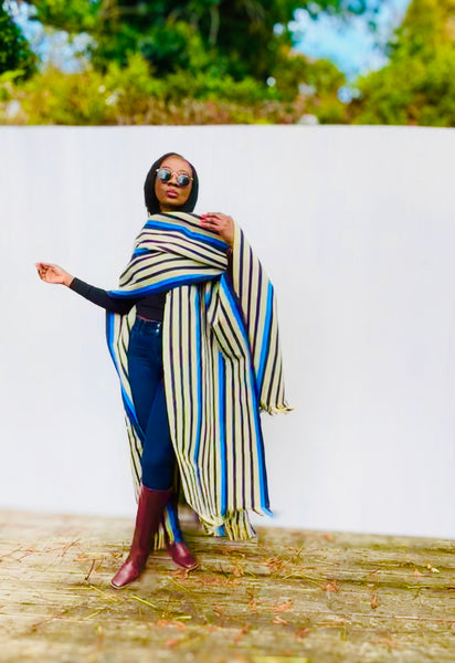 Yelawa handwoven unisex kimono in blue and beige stripes.