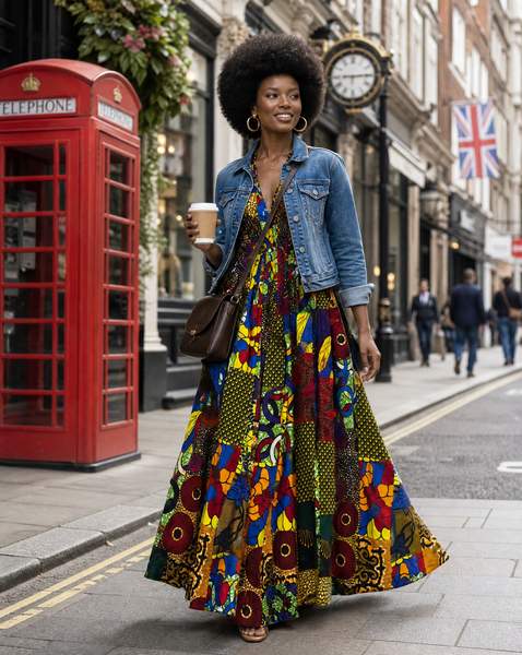 Lola African print summer sleeveless maxi dress in a vibrant mixed patchwork print.