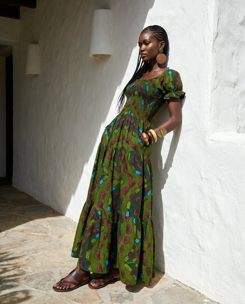 Tande Peasant bohemian maxi dress in forest green.