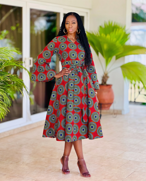 Mina Flared sleeve belted dress in a geometric print.