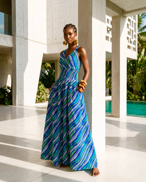 Wuni sleeveless maxi dress in a contemporary African print.