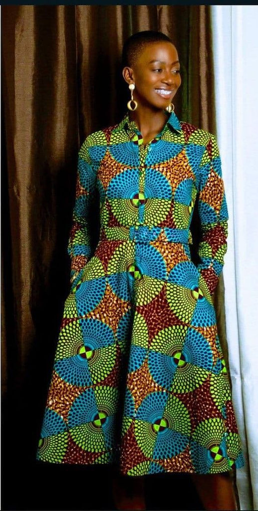 Long sleeve collared shirt dress in contemporary geometric African pri House of Afrika Long sleeve collared shirt dress in contemporary geometric African pri House of Afrika