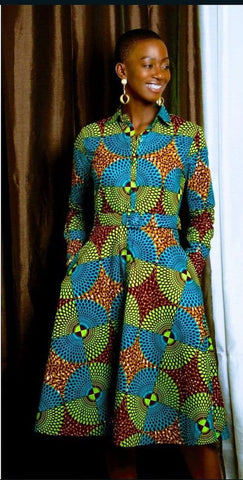 Long sleeve collared shirt dress in contemporary geometric African print