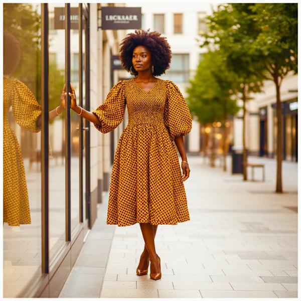 NAANI balloon sleeve dress in brown.