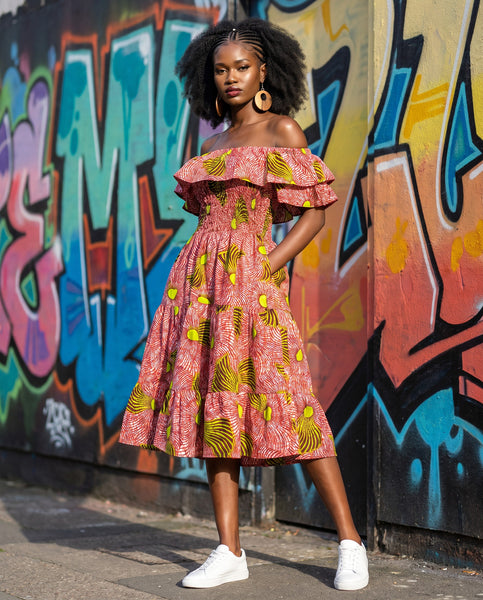 African print off the shoulder A line sun dress.