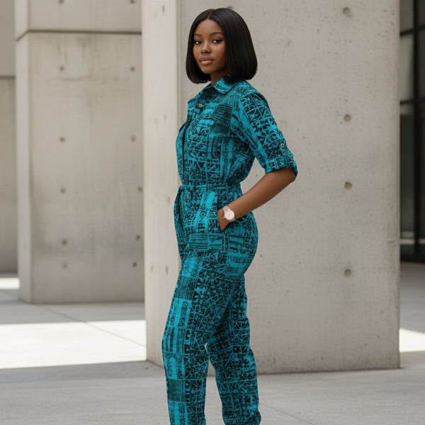 Razi collared  jumpsuit in a vibrant contemporary African