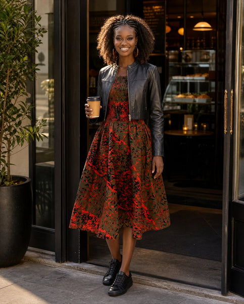 Yiko cut out dress in red and brown hues.