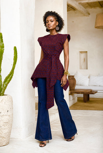Zena Handkerchief hem peplum top in a vibrant contemporary geometric African print.