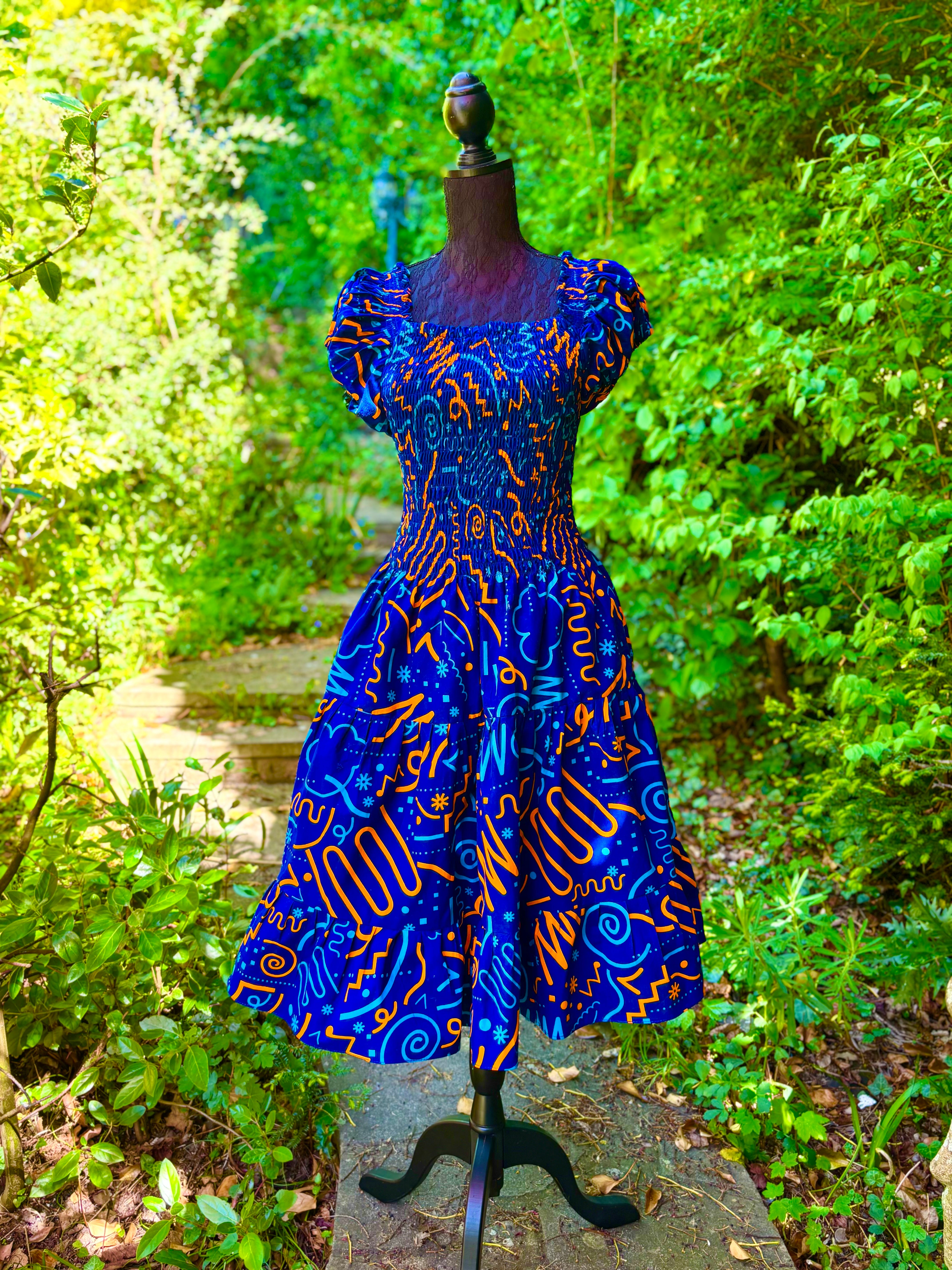 Smocked Ankara dress in blue.