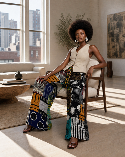 New. Ndini Wide leg one of a kind patchwork African print trousers.