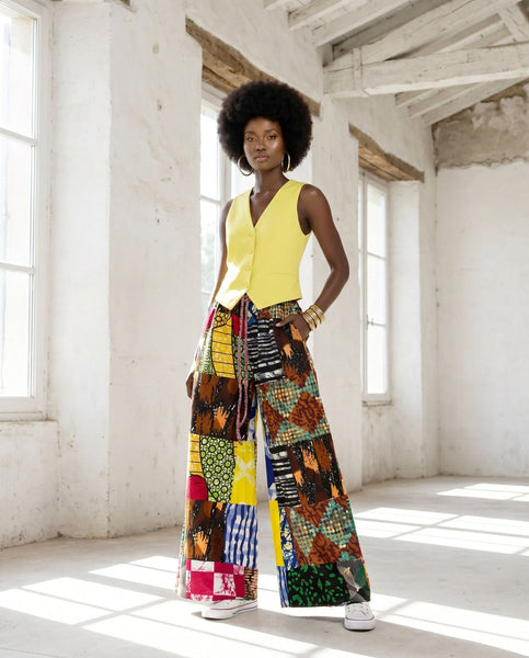 New. Ndini Wide leg one of a kind patchwork African print trousers.