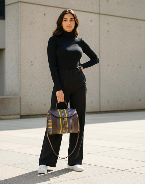 Hania Authentic Ghanaian Leather barrel bag with handwoven fugu fabric.