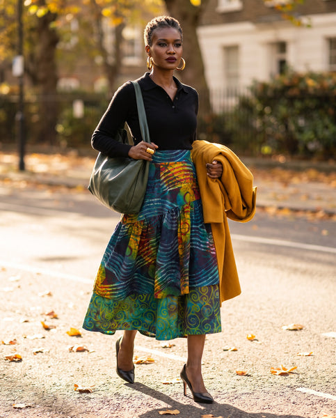 Azichi tiered skirt in a hand dyed fabric in a multicoloured palette.