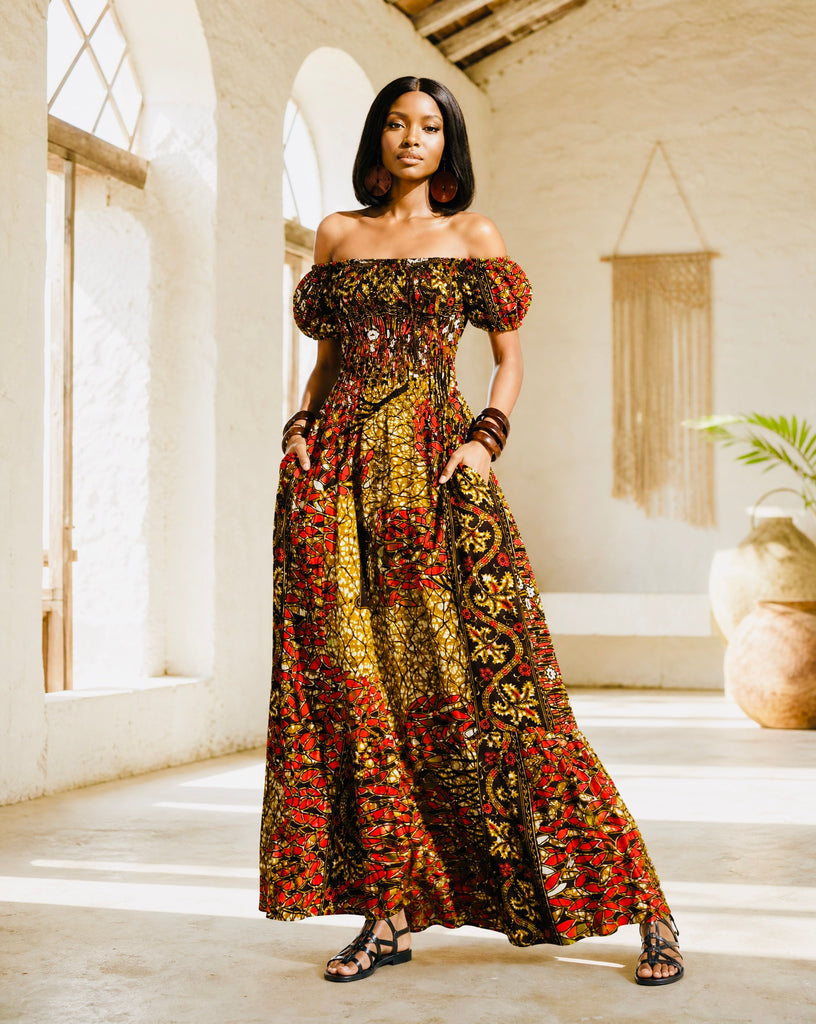 Afro Bohemian peasant inspired African print maxi dress
