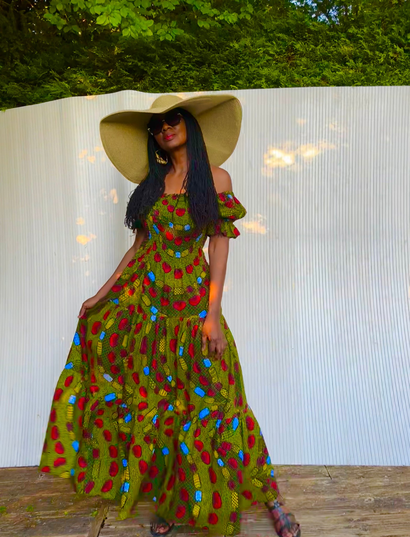Tande Peasant bohemian maxi dress in green.