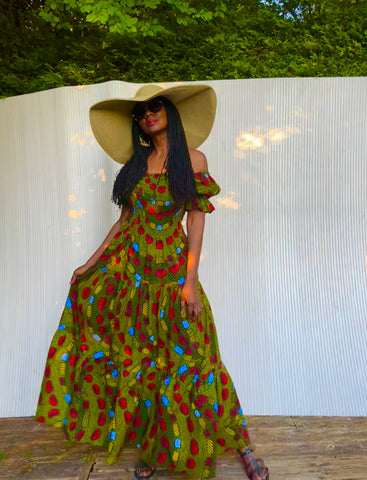 Tande Peasant bohemian maxi dress in green.