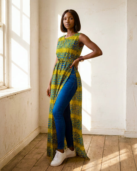 AFIA long top in a yellow African print.