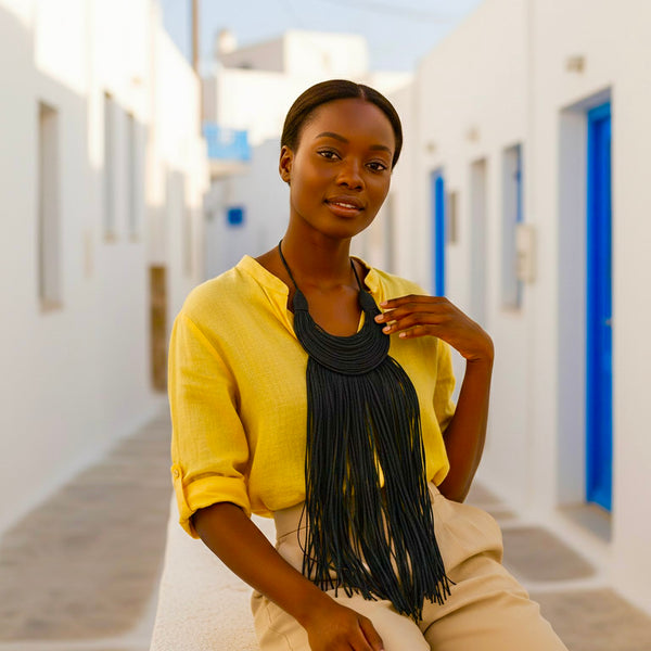 Dark green statement leather necklace.