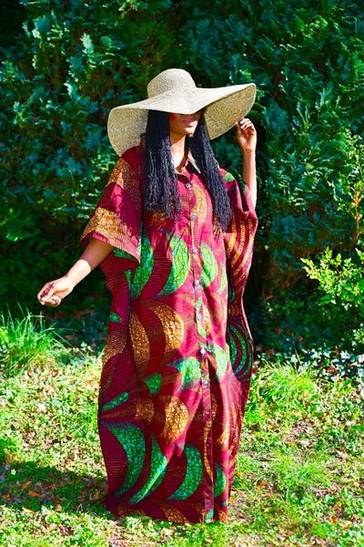 Button down Boubu in a deep brown with dashes of green.