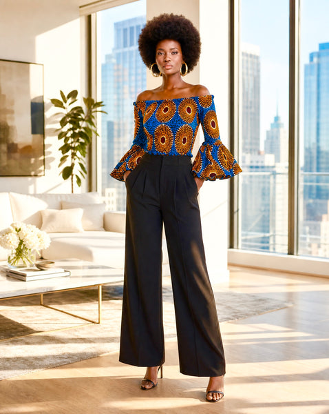 African print statement bell sleeves top in a vintage print.
